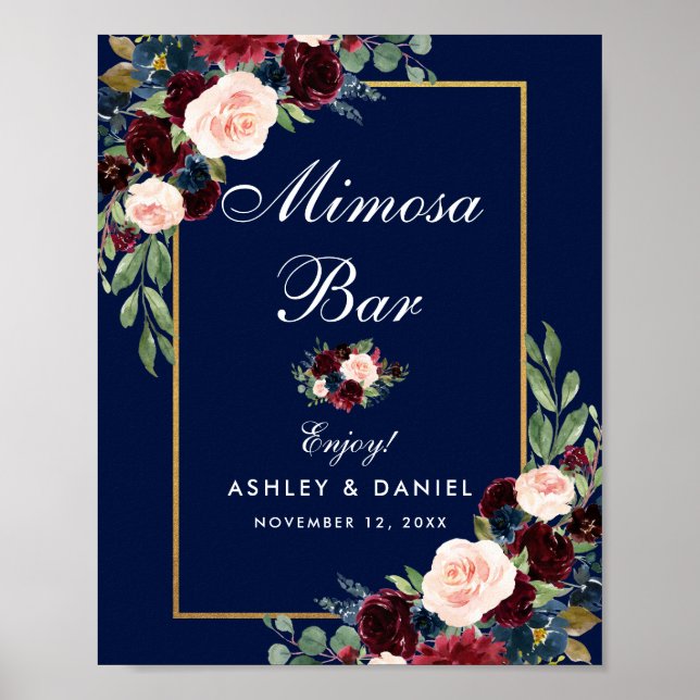 Blue Burgundy Gold Floral Wedding Mimosa Bar Poster (Front)