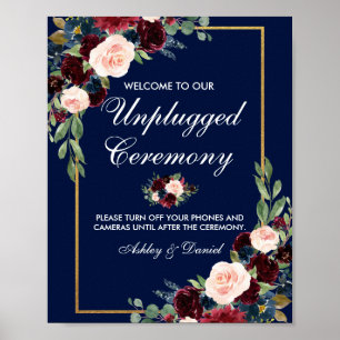 Blue Burgundy Gold Floral Wedding Unplugged Poster