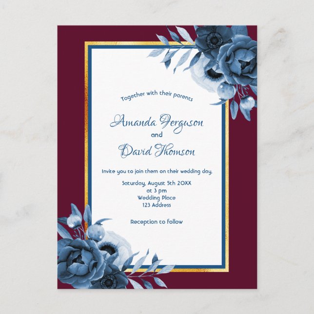 Blue burgundy gold florals wedding invitation postcard (Front)