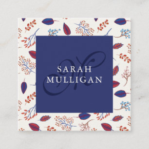 Blue & Burgundy Leaves Pattern - Monogram Square Business Card