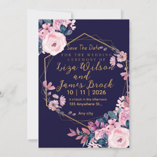 Blue Burgundy Navy Gold Blush Pink Wedding  Invitation