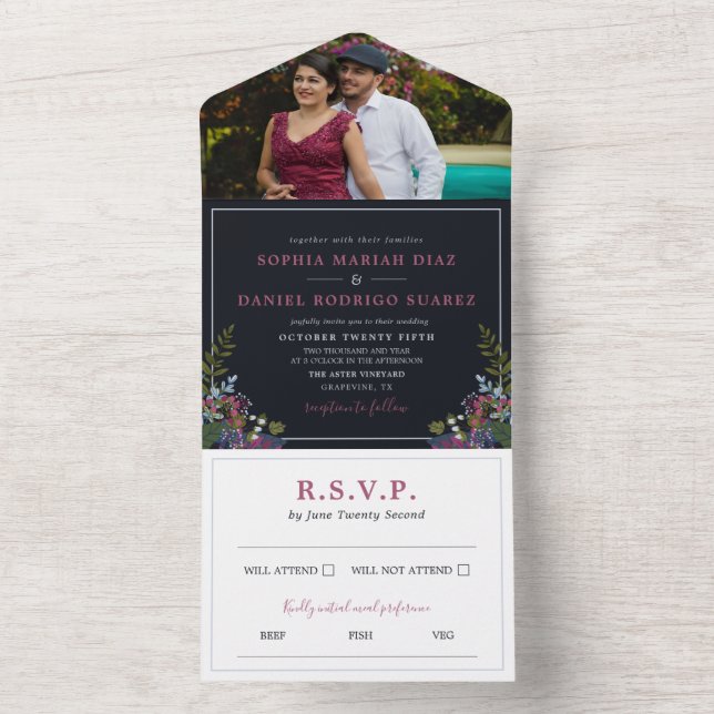 Blue Burgundy Olive Leaves Photo Wedding All In One Invitation (Inside)