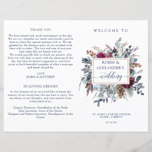 Blue Burgundy Purple Floral Folded Wedding Program