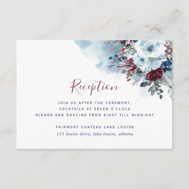 Blue Burgundy Purple Floral Wedding Reception & En Enclosure Card (Front)