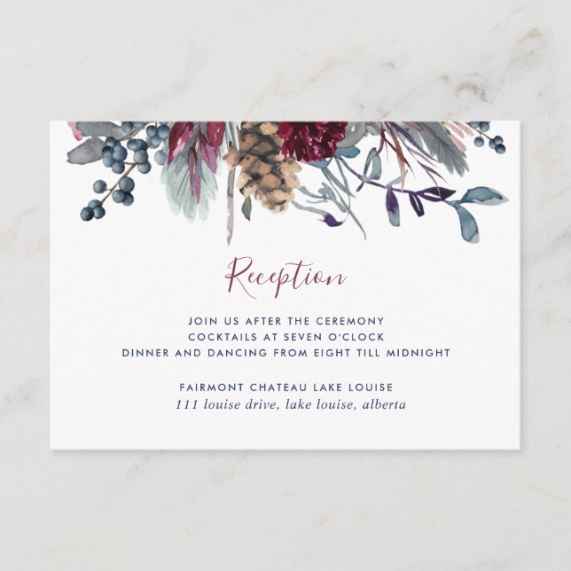 Blue Burgundy Purple Floral Wedding Reception & Enclosure Card (Front)