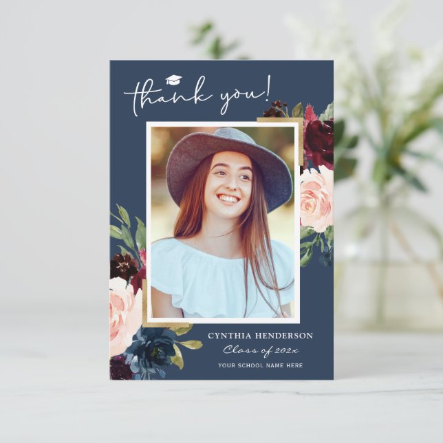 Blue Burgundy Red Blush Floral Graduation Photo Thank You Card (Standing Front)
