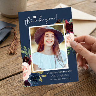 Blue Burgundy Red Blush Floral Graduation Photo Thank You Card