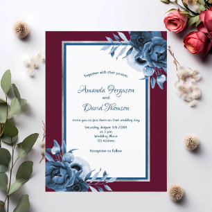 Blue burgundy silver florals wedding invitation postcard