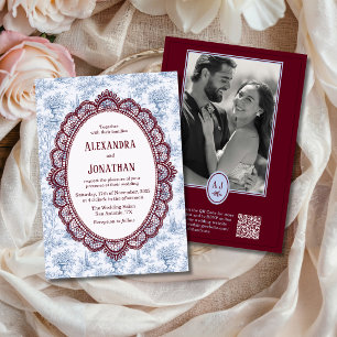 Blue Burgundy Vintage Lace Photo QR Code Wedding Invitation