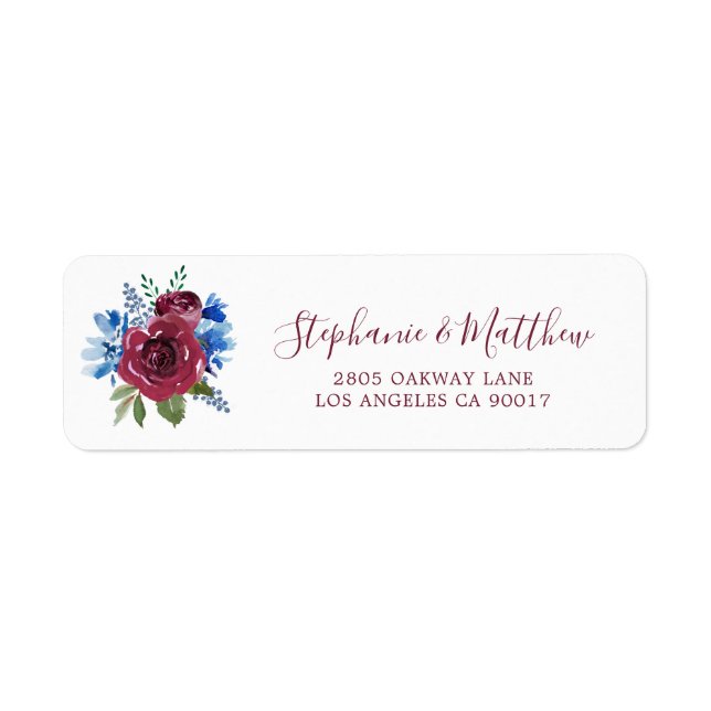 Blue Burgundy Watercolor Floral Wedding Address (Front)