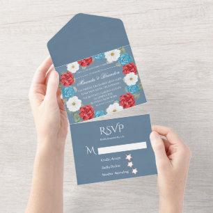 Blue Burgundy White Watercolor Peony Wedding  All In One Invitation