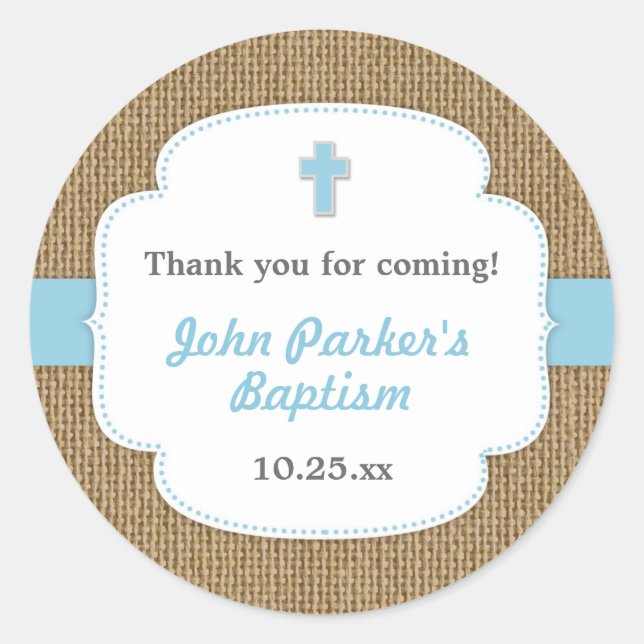 Blue Burlap cross boy baptism favour sticker (Front)