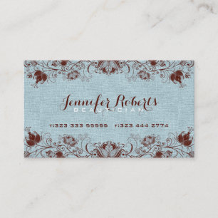 Blue Burlap Linen & Brown Floral & Lace 2 Business Card