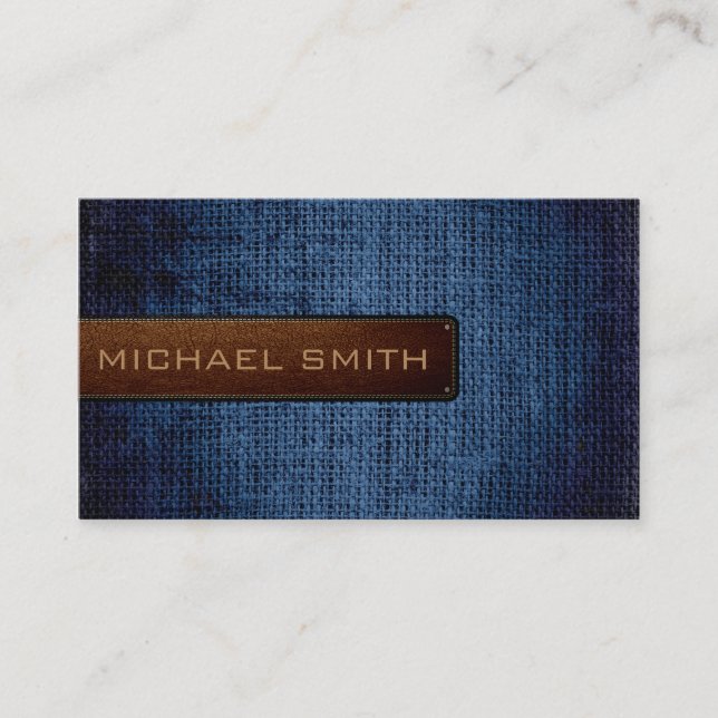 Blue Burlap Linen Rustic Jute Look Leather Business Card (Front)