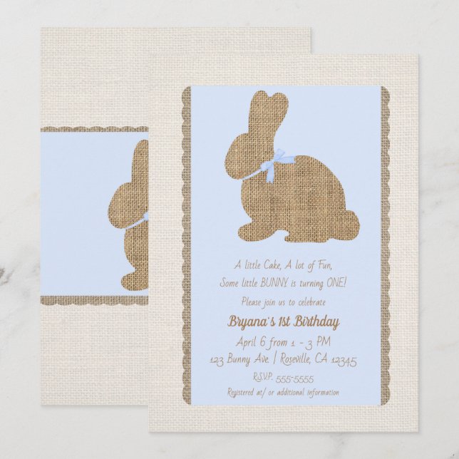 Blue & Burlap Rustic Bunny Easter 1st Birthday Invitation (Front/Back)