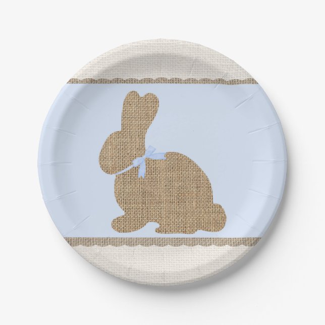 Blue & Burlap Rustic Bunny Easter Baby Shower Paper Plate (Front)