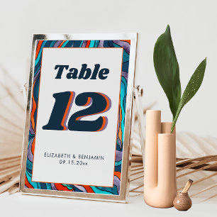 Blue Burnt Orange Wavy Modern Retro Groovy Wedding Table Number