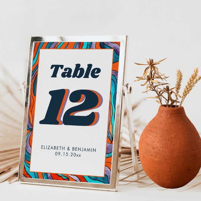 Blue Burnt Orange Wavy Modern Retro Groovy Wedding Table Number (Front and Back)
