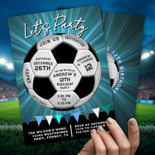Blue Burst Sporty Soccer Ball Boys Birthday Invitation