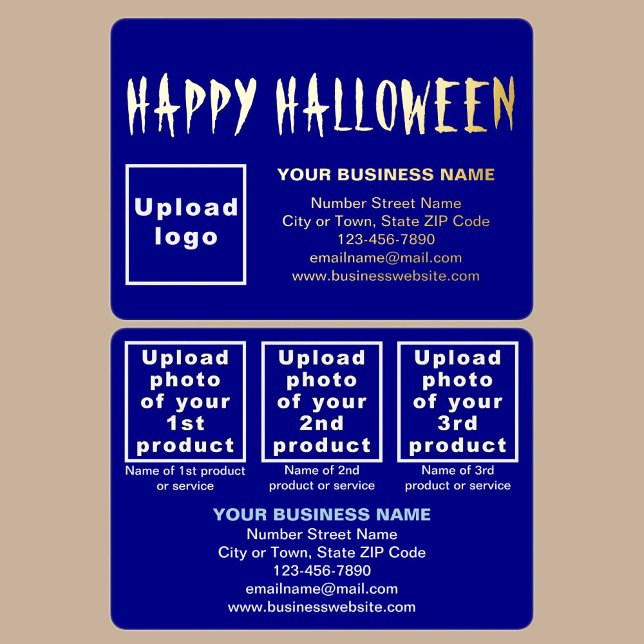 Blue Business Brand on Halloween Rectangle Foil Holiday Card (Blue business brand with products or services on Halloween rectangle foil holiday card.)