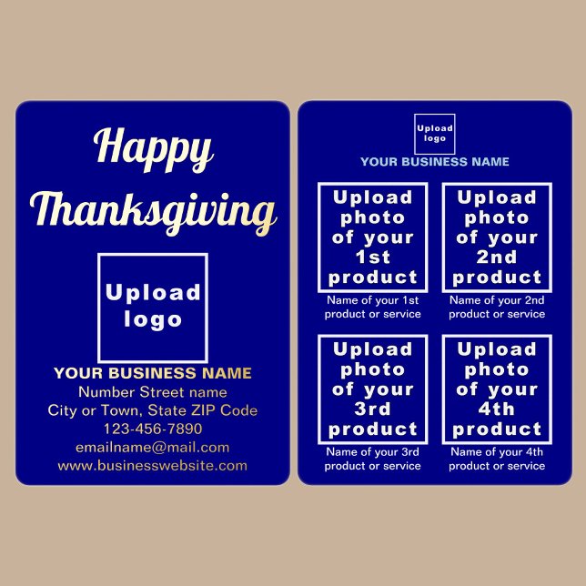Blue Business Brand on Thanksgiving Foil Holiday Card (Blue business brand with products or services on Thanksgiving foil holiday card.)