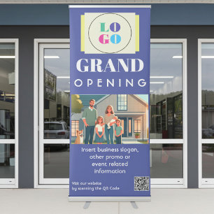 Blue Business Grand Opening Logo, Photo, QR Code Retractable Banner