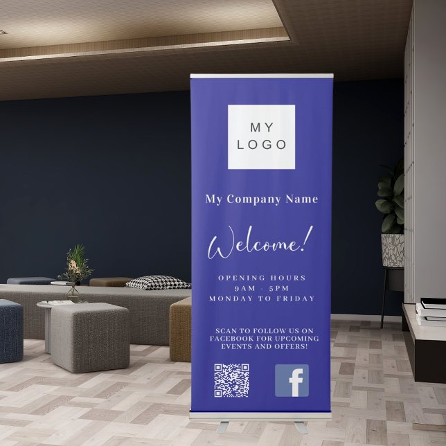 Blue business logo opening hours QR code Facebook Retractable Banner (Creator Uploaded)