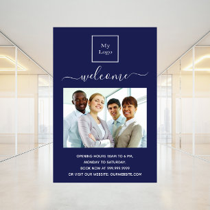 Blue business logo photo welcome opening hours poster