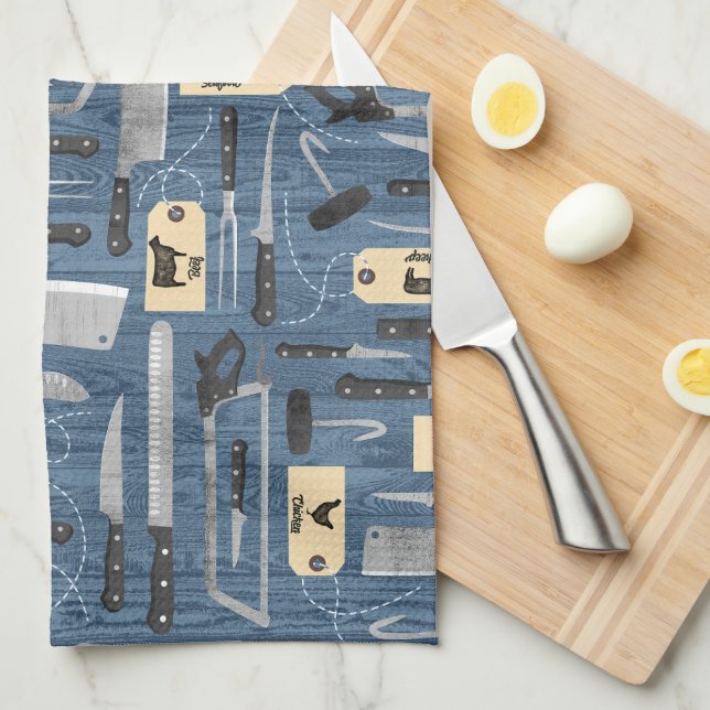 Blue Butchers Knives Tea Towel (Quarter Fold)
