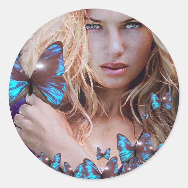 BLUE BUTERRFLY BEAUTY MAKEUP ARTIST 2 CLASSIC ROUND STICKER (Front)