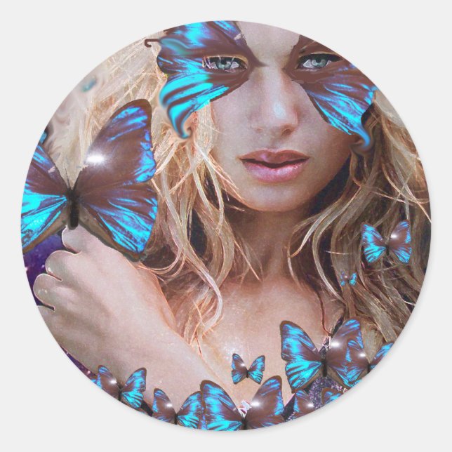 BLUE BUTERRFLY BEAUTY MAKEUP ARTIST CLASSIC ROUND STICKER (Front)