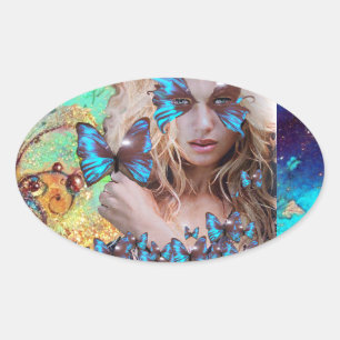 BLUE BUTERRFLY BEAUTY MAKEUP ARTIST OVAL STICKER