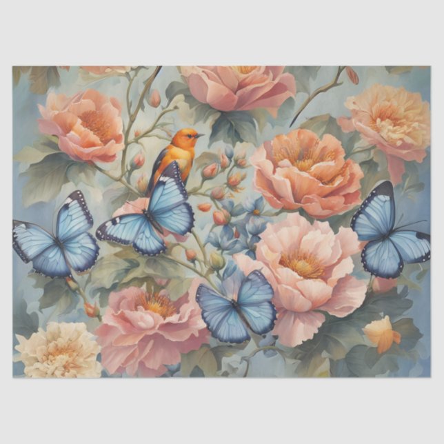 Blue Butterflies and Bird in a Flower Garden  Tissue Paper (Front)