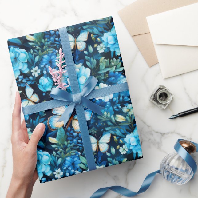 Blue Butterflies and Blue Floral Wrapping Paper (Gifting)