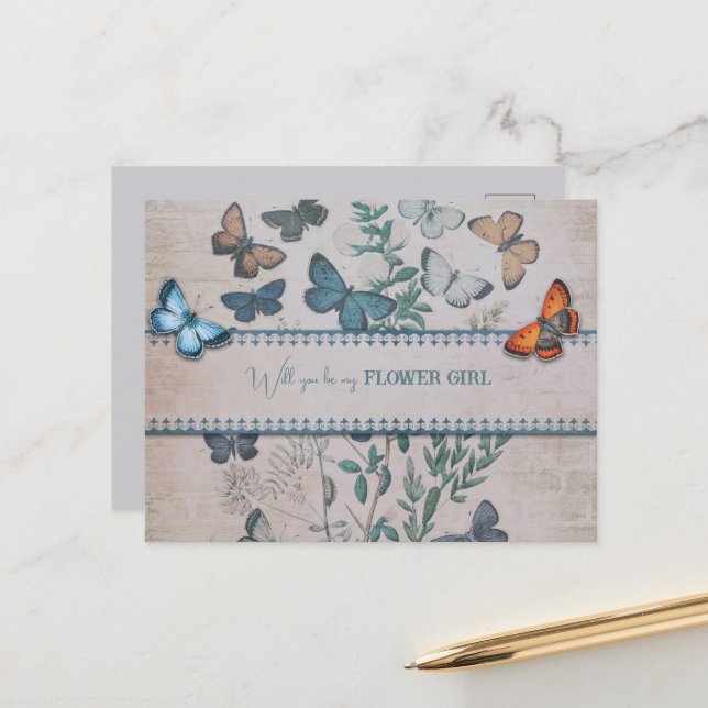 Blue Butterflies and Flowers Flower Girl Announcement Postcard (Front/Back In Situ)