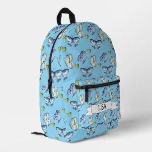 Blue Butterflies and Green Hearts Printed Backpack