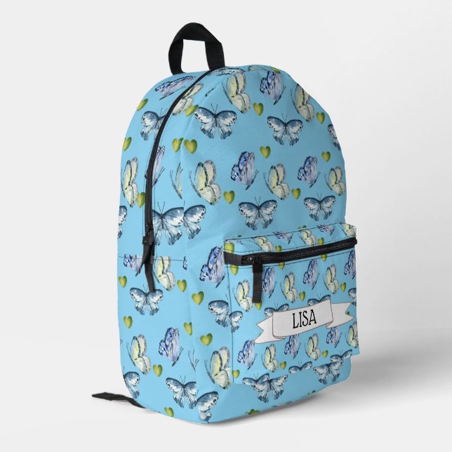 Blue Butterflies and Green Hearts Printed Backpack (Back Corner Left)