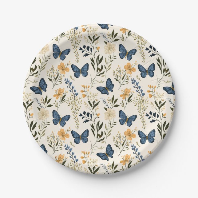 Blue Butterflies and greenery Paper Plate (Front)