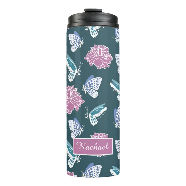 Blue Butterflies and Pink Roses Personalised Thermal Tumbler (Front)