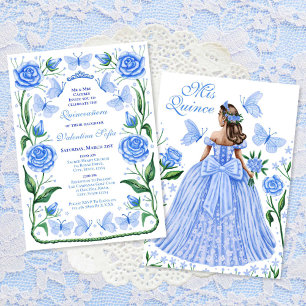 Blue Butterflies and Roses Princess Quinceanera Invitation