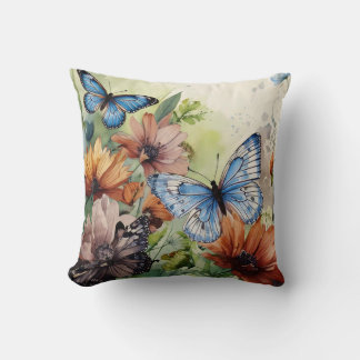 Blue Butterflies and Wildflowers Cushion