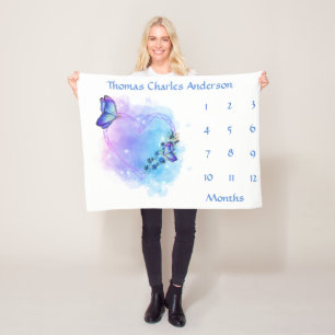 Blue Butterflies Baby Milestone Growth Tracker   Fleece Blanket