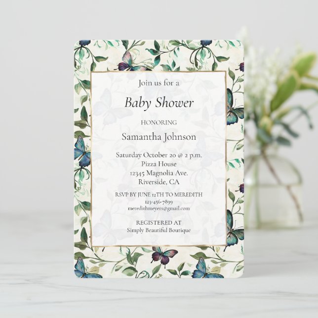 Blue Butterflies Baby Shower Invitation (Standing Front)