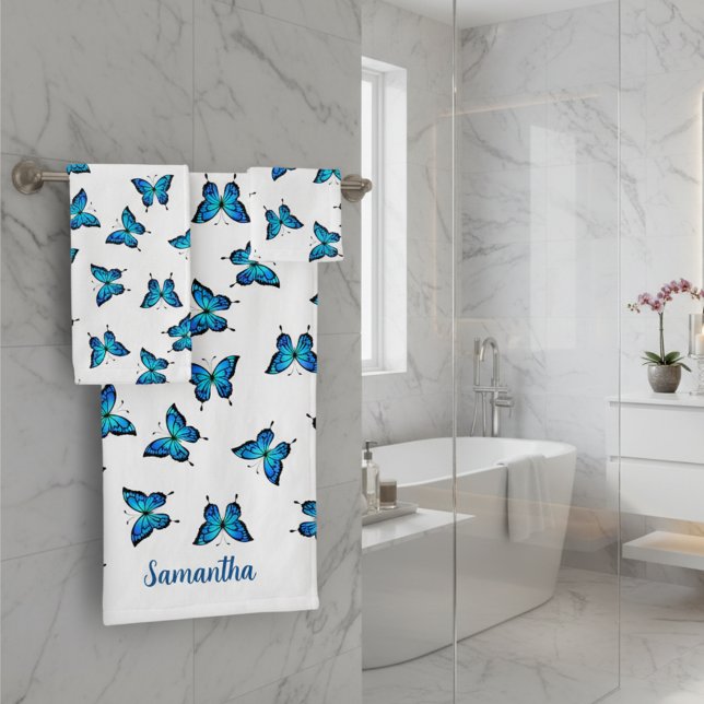 Blue Butterflies Bathroom Towel Set (Blue butterflies towel set of 3 with custom name.)