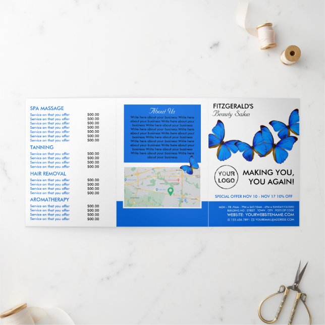 Blue Butterflies, Beauty Salon Tri-Fold Flyer (Outside)