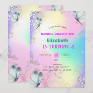 Blue Butterflies Colourful Holographic Birthday Invitation