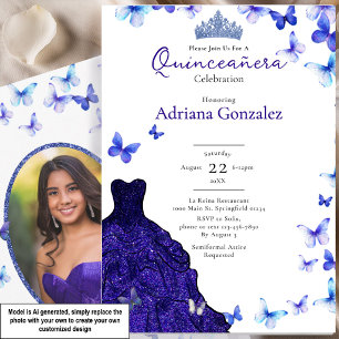 Blue Butterflies Dress Tiara Photo Quinceanera Invitation