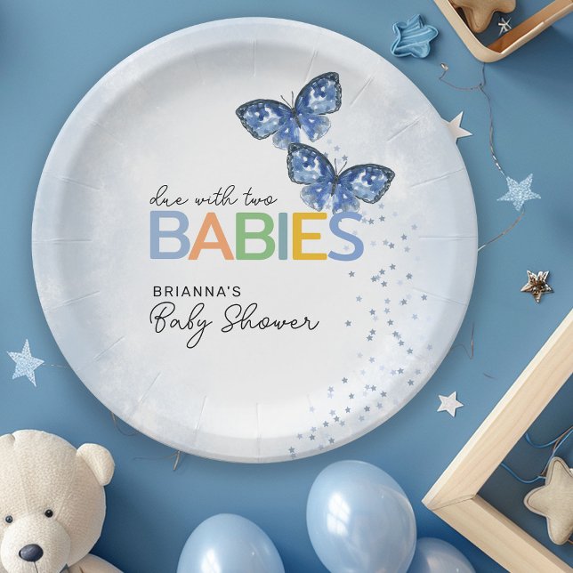 Blue Butterflies Due with Two Twins Baby Shower Paper Plate (Creator Uploaded)