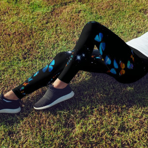 Blue butterflies fall in stars black Leggings