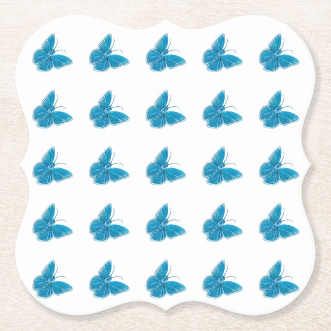 Blue Butterflies Fluttering Illustration Pattern Paper Coaster (Front)